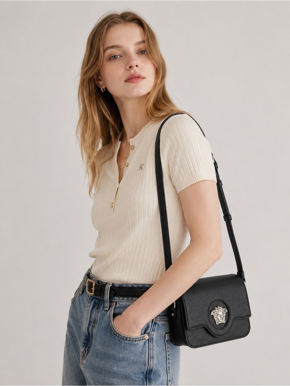 Versace Medusa Black Leather Crossbody Bag with Medallion Accent new - Picture 11 of 12